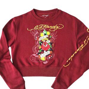 Ed Hardy Graphic Crop Pullover Sweatshirt Shirt Red Small Rose Tattoo Y2K Retro